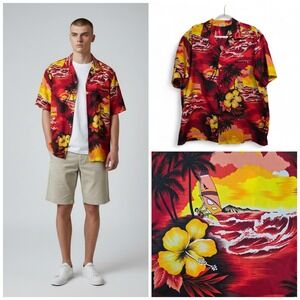 Kalena Fashions Hawaii Tropical Sunset Windsurf Aloha Shirt Polyester Mens XL